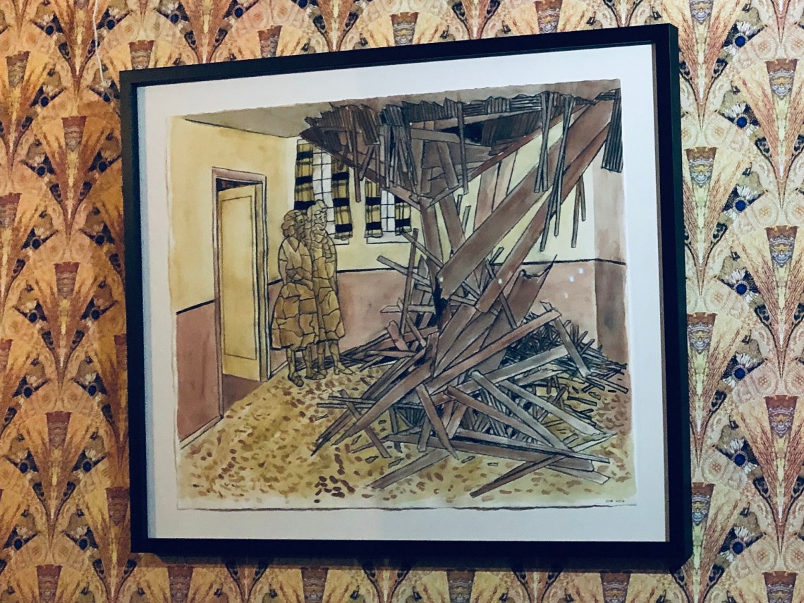 A painting of two women in the form of crumbling statues stare at the ceiling of the room they are in, which has caved in. 