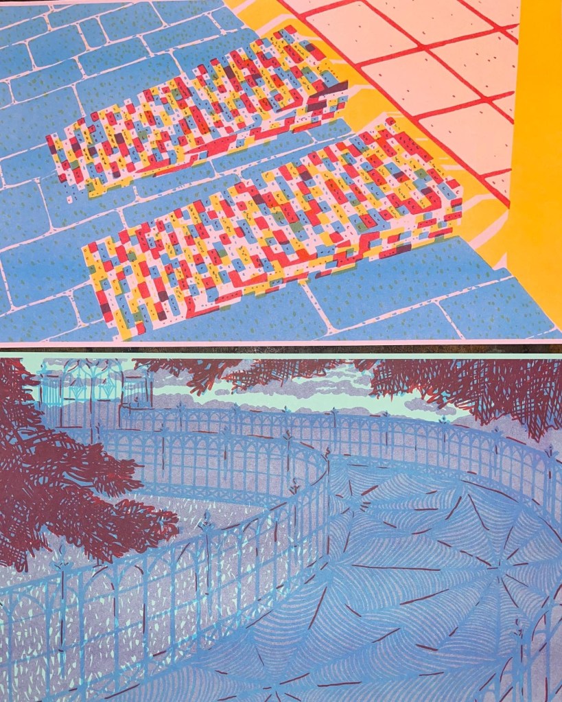 two colorful prints, one is a wheelchair ramp made out of legos and the other is a winding ramp made out of iron, in a gothic style.