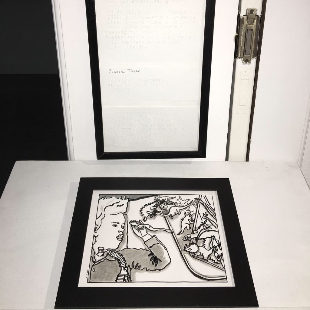 this image is of a tactile drawing with raised lines - of a child with a tracheostomy tube coming out of his throat playing with dinosaur toys. Above this image are braille materials for the CASTING SHADOWS EXHIBITION